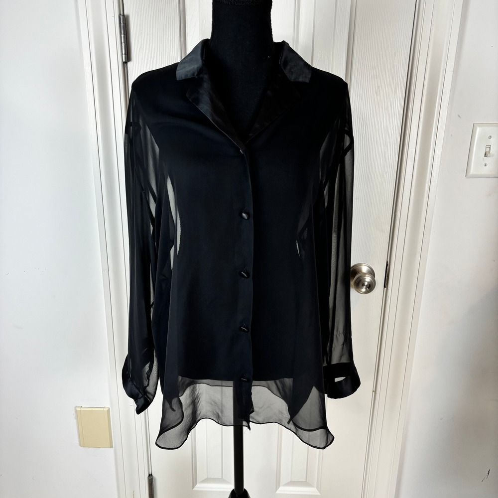 Linda Bis Vintage Sheer Black Button Down Blouse Satin Trim Size M 16843